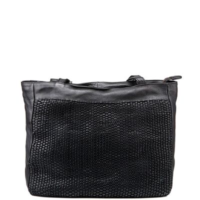 Black washed leather shopping bag for women Treny