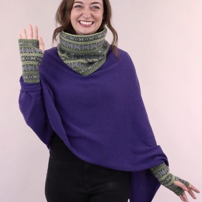 Cashmere Blend Fairisle Wrist Warmers Verdant Green, Ultraviolet and Lilac