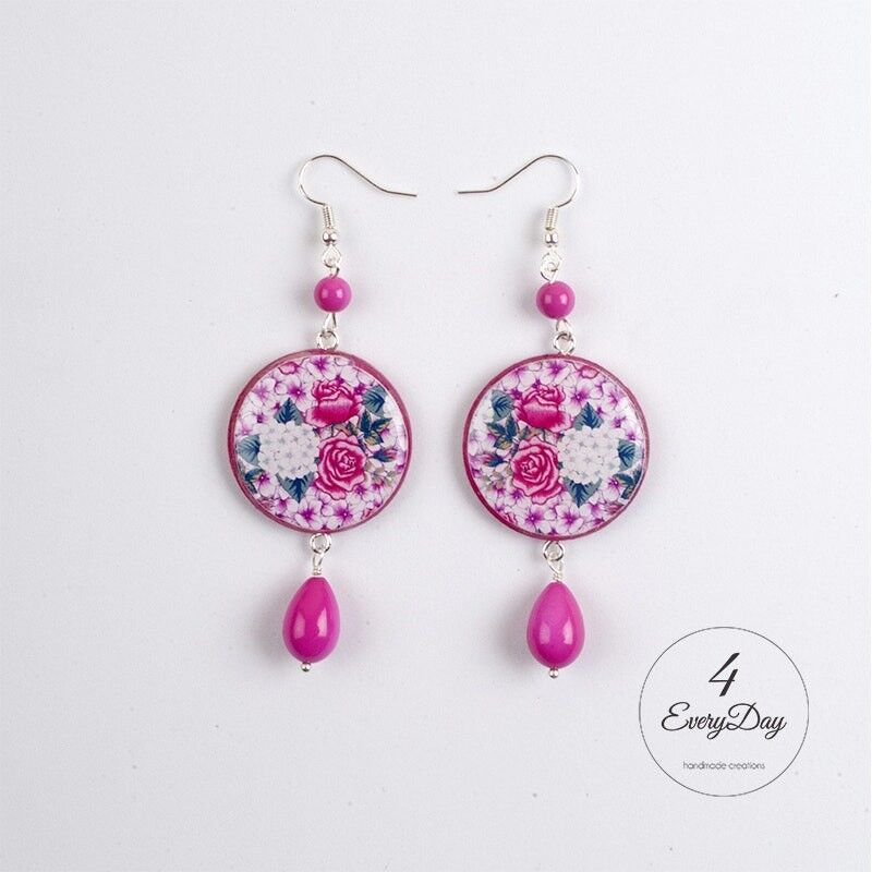 Orecchini in legno e resina - Rose e ortensie