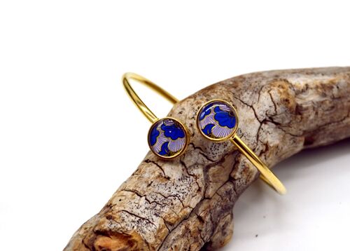 Bracelet jonc motif wax fleur bleu acier inoxydable