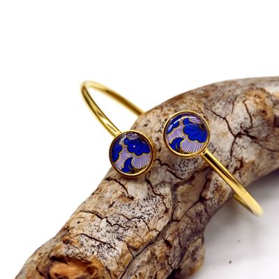 Bracelet jonc motif wax fleur bleu acier inoxydable