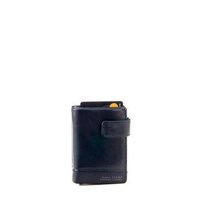 Automatic card holder in blue washed leather