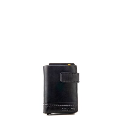 Automatic card holder in black washed leather