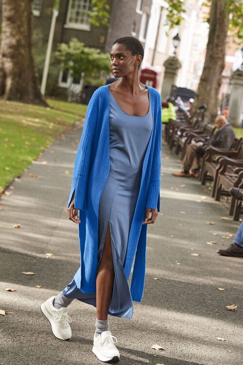 Longline Cashmere Belted Cardigan in Jetstream Blue