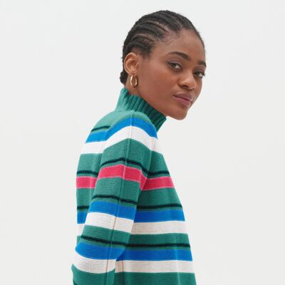 Cropped Polo Neck Sweater in Green Stripe