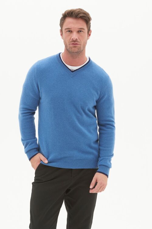 Mens Cashmere V Neck Sweater in Marina Blue