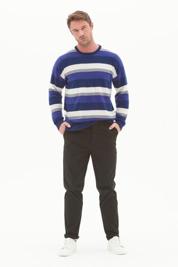 Pull à col rond en cachemire pour homme en rayures bleu nuit 2