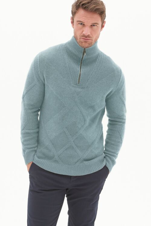 Mens Cashmere Cabled Half Zip Sweater in Lagoon Green