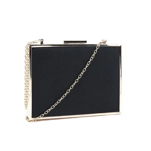 Frida Faux Leather Metal Frame Clutch Box Bag with Chain