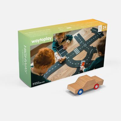 Highway - Car Edition - Long flexible toy road including one wooden toy car - Gift Set