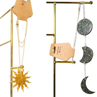 Handgefertigte Halsketten Mond & Sonne | Organischer Glitzer, Epoxidharz | Hergestellt in Paris