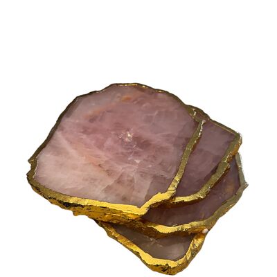 Sous-verre en pierre précieuse Rose Quarts avec bordure dorée