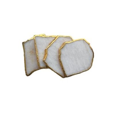 Posavasos de piedras preciosas de cuarzo blanco con ribete dorado