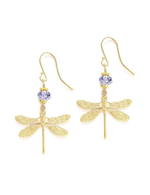 Gold dragonfly earrings with Tanzanite crystals