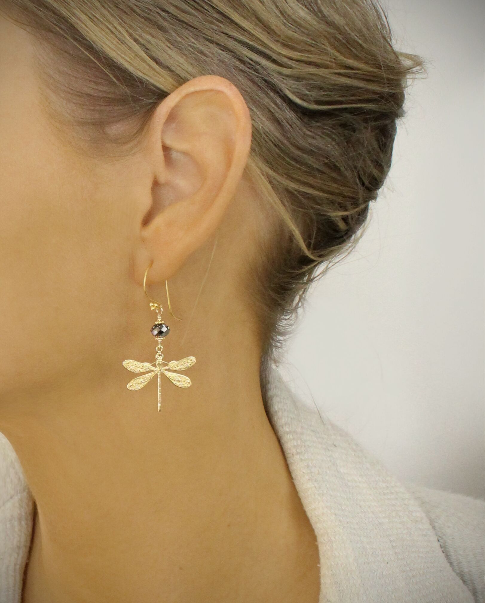 18K gold plated dragonfly earrings with Black Diamond crystals