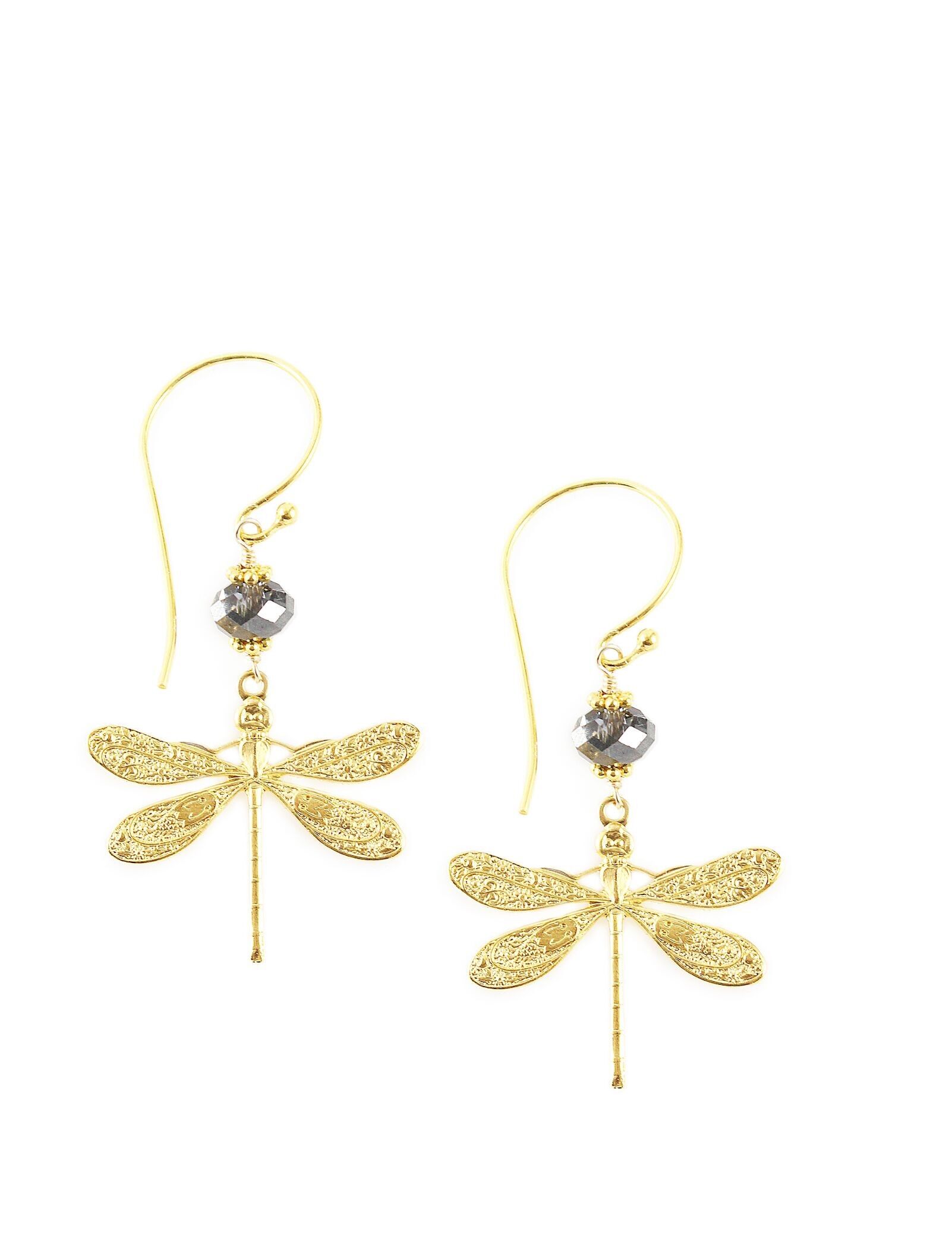 18K gold plated dragonfly earrings with Black Diamond crystals