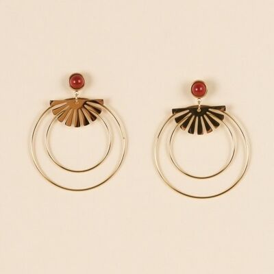 Golden fan and red pearl earrings