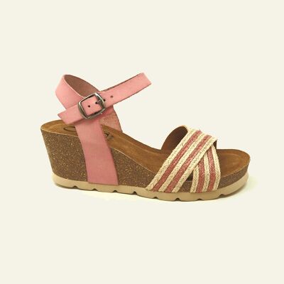 Bio Aries wedge sandal in pink leather and jute