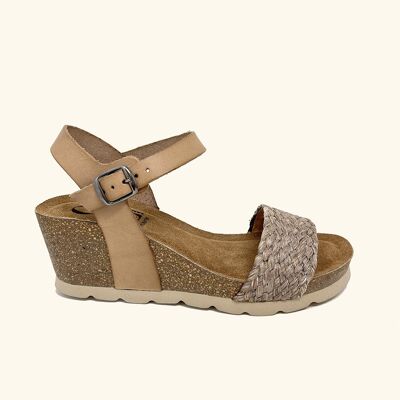 Bio Capri wedge sandal in gray leather and raffia braid