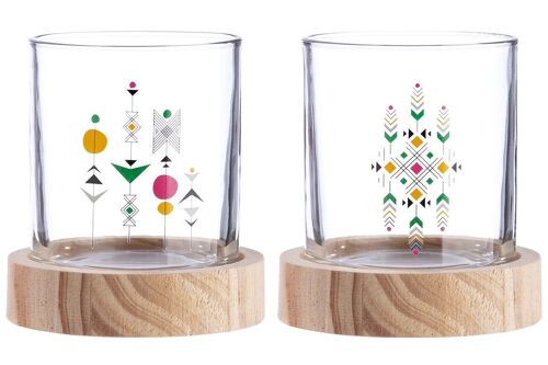 Glas Windlicht "Indio" Holzbasis VE 12 so