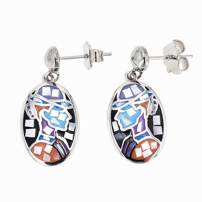 Enamelled steel earrings set with mother-of-pearl.