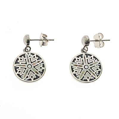 Enamelled steel earrings set with mother-of-pearl.