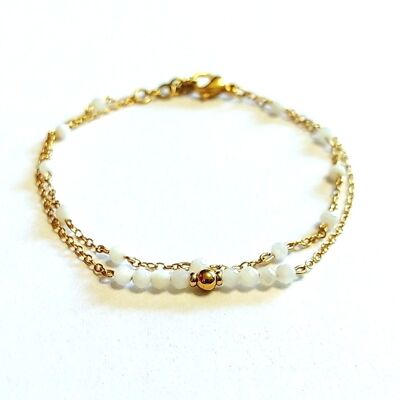 Double Row Bracelet in Golden Stainless Steel with Mother-of-Pearl Beads