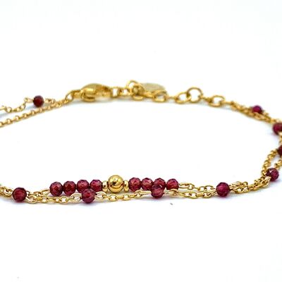 Double Row Bracelet in Golden Stainless Steel with Garnet Beads