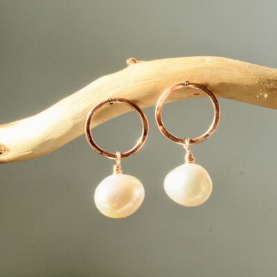 Open Circle Stud Earrings with Pearl Dangle, Rose Gold Filled