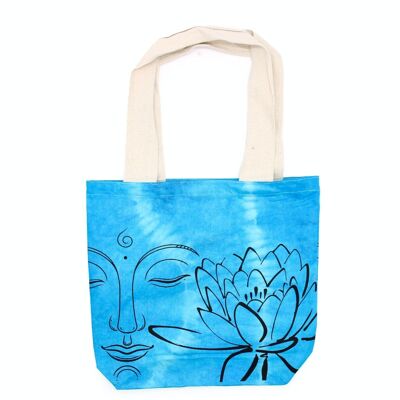 TDB-03 - Sac en coton tie-dye (6oz) - Lotus Buddha - Bleu - Poignée naturelle - Vendu en 1x unité/s par extérieur