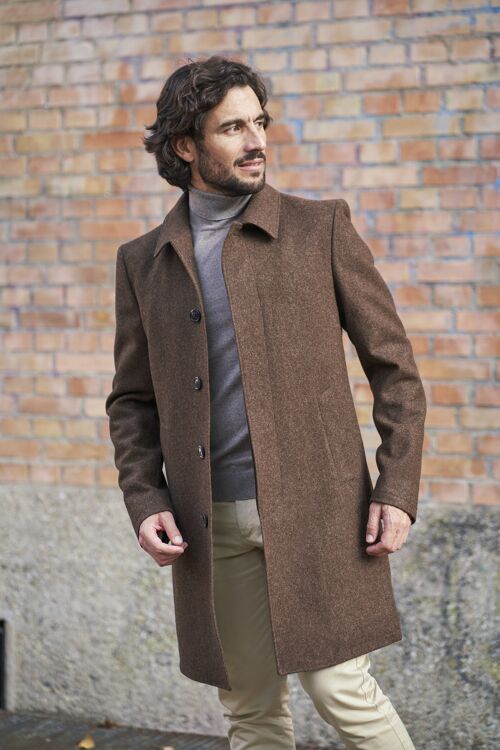 Manteau Ezra mi-long en laine non teinte foncé