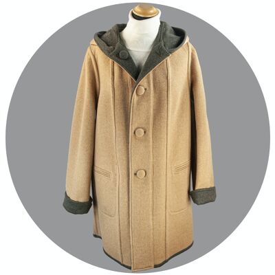 2- in-1. Jacke mit Kapuze zum wenden. Moos-Camel.