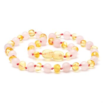 Collier de dentition ambre baltique & quartz rose 132