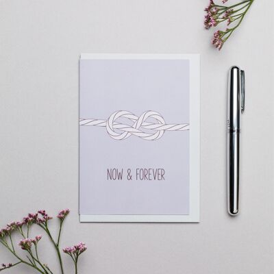 Tarjeta de boda con nudo "Now & Forever" en lila pálido, tarjeta para el amor y la amistad hecha con papel 100% reciclado