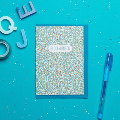Congratulations greeting card made of recycled paper with a colorful turquoise sugar pearl pattern - climate-neutrally printed in Germany