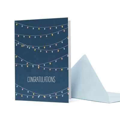 Tarjeta de felicitación con luces de hadas "Felicitaciones" azul