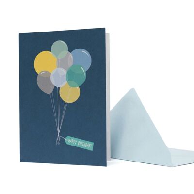 Tarjeta de felicitación con globos "Feliz cumpleaños" azul