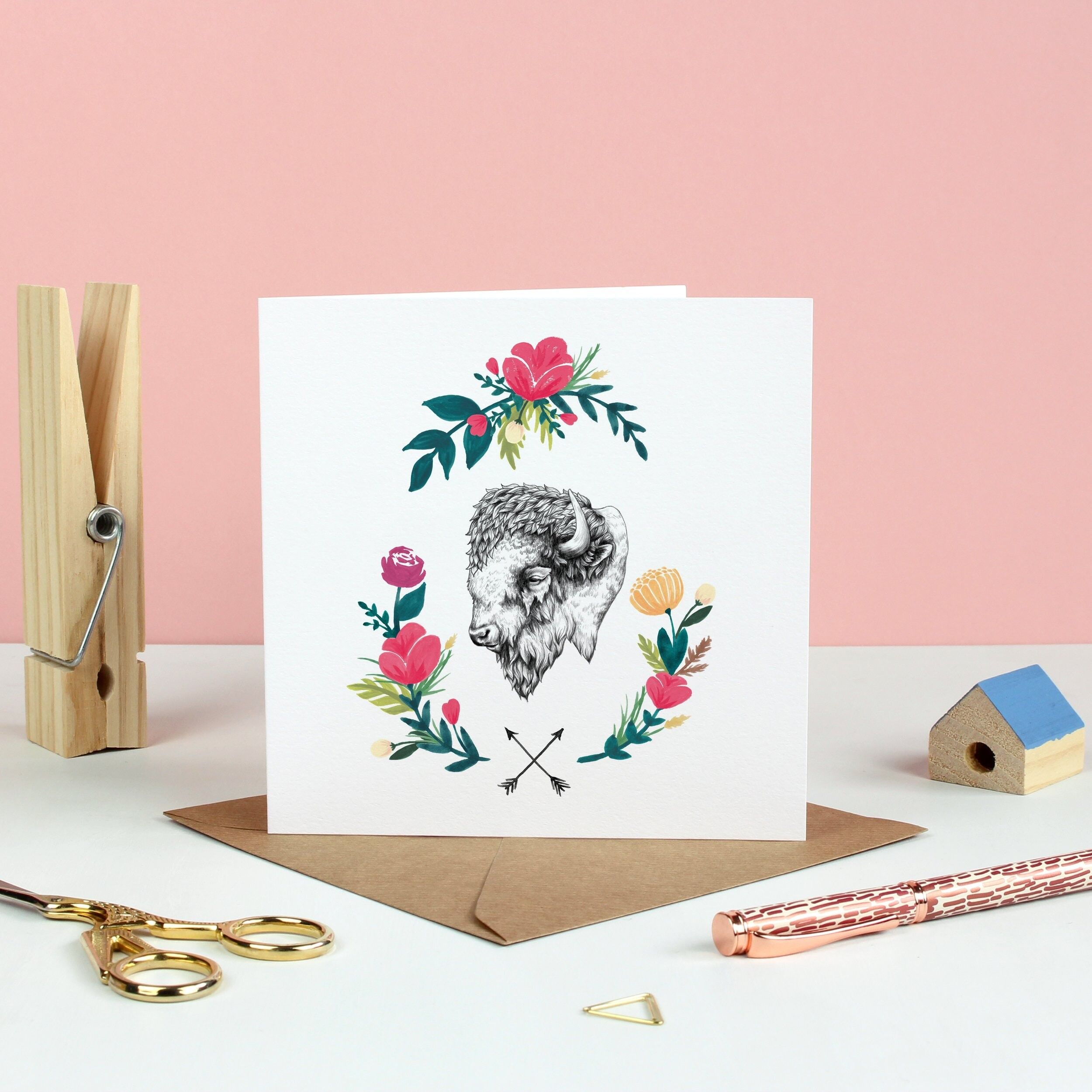 Biglietto d'auguri floreale bisonte