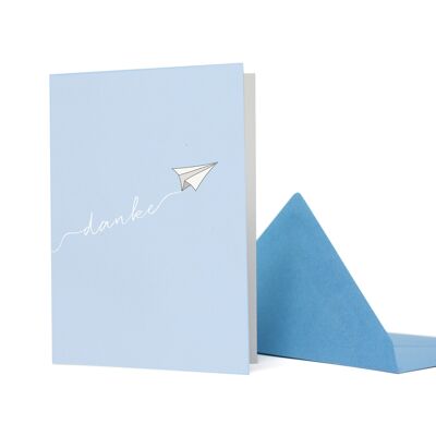 Tarjeta de agradecimiento - avión de papel "Gracias" en azul claro - tarjeta de felicitación hecha de papel 100% reciclado