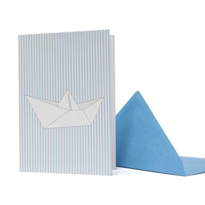 Greeting card paper boat with light blue stripes