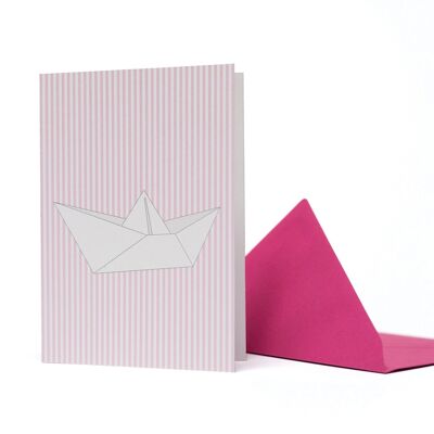 Greeting card paper boat with light pink stripes