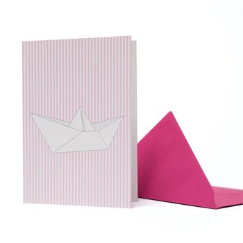 Carte de voeux bateau en papier à rayures rose clair