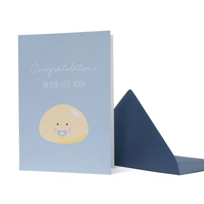 Greeting card for the birth - sweet mochi rice cake "Congrats on your little Mochi" - baby card in light blue