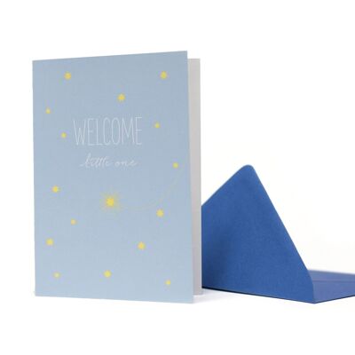 Tarjeta de felicitación estrella fugaz "Bienvenido pequeño" azul claro