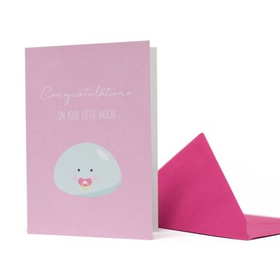 Tarjeta de felicitación para el nacimiento - dulce pastel de arroz mochi "Felicidades por tu pequeño Mochi" - tarjeta de bebé en rosa