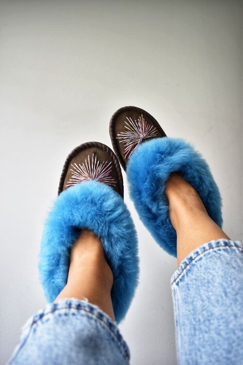Turquoise Sheepskin Moccasin Slippers
