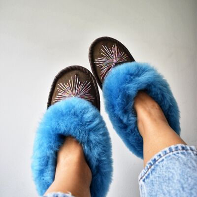Turquoise Sheepskin Moccasin Slippers