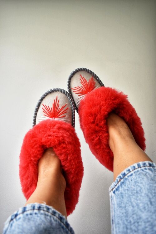 Coral Sheepskin Moccasin Slippers