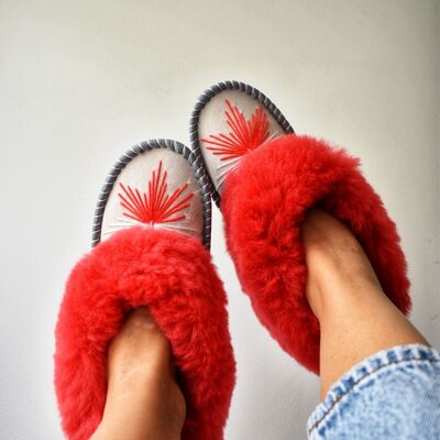 Coral Sheepskin Moccasin Slippers