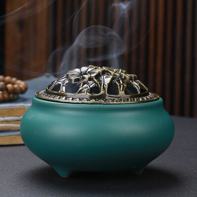 Quemador de incienso de cerámica con tapa de cobre Buda con quemador de incienso de alambre de aleación antigua